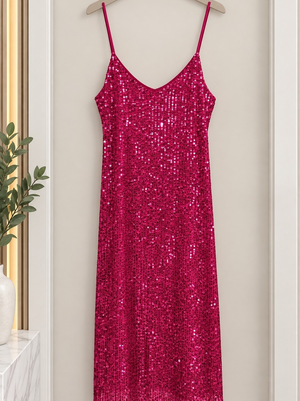love J Fuchsia Sequin Slip Midi Dress